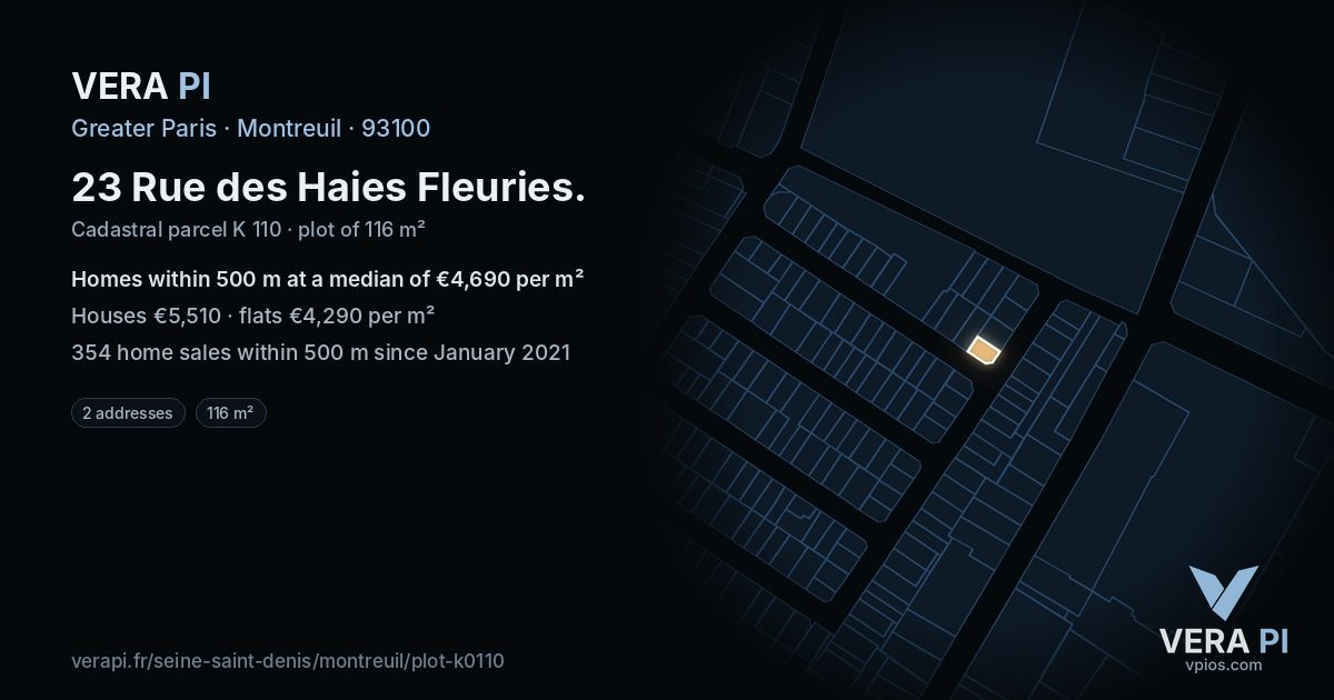 23 Rue des Haies Fleuries, Montreuil at night – the plot lit, the parcels around coloured by the prices near them