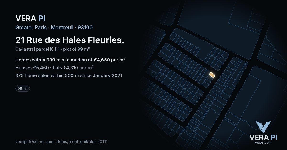 21 Rue des Haies Fleuries, Montreuil at night – the plot lit, the parcels around coloured by the prices near them