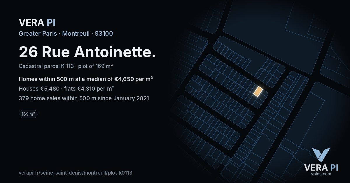26 Rue Antoinette, Montreuil at night – the plot lit, the parcels around coloured by the prices near them