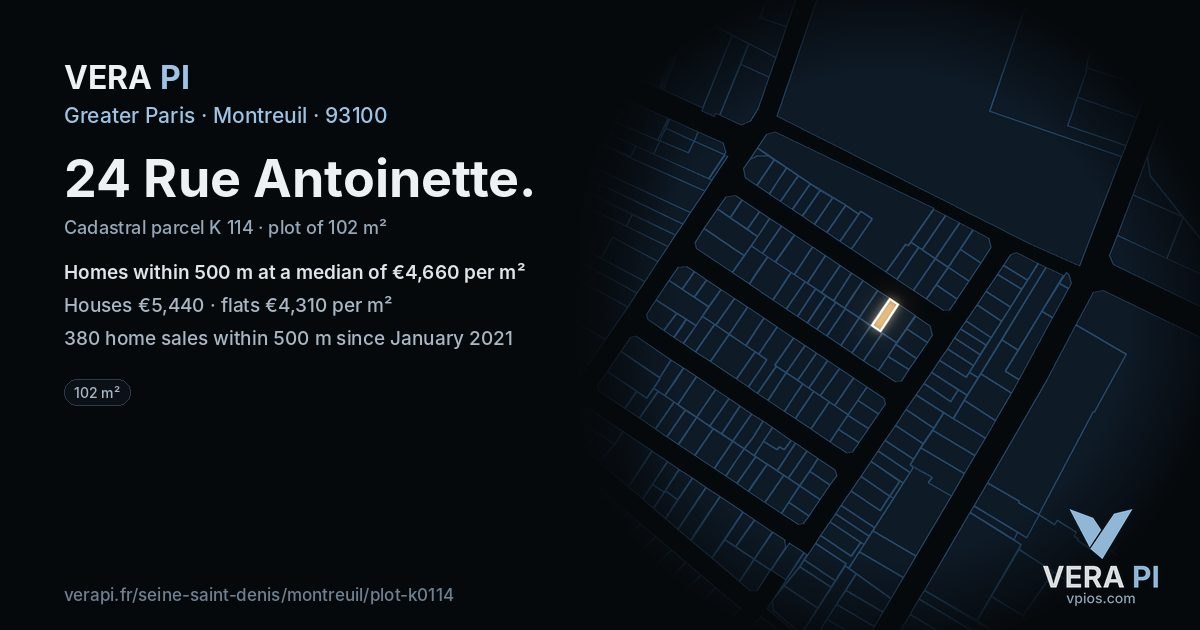 24 Rue Antoinette, Montreuil at night – the plot lit, the parcels around coloured by the prices near them