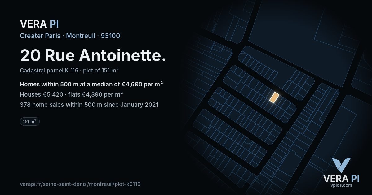 20 Rue Antoinette, Montreuil at night – the plot lit, the parcels around coloured by the prices near them