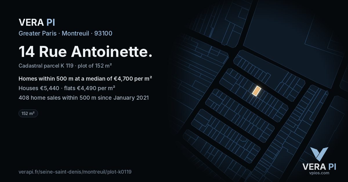 14 Rue Antoinette, Montreuil at night – the plot lit, the parcels around coloured by the prices near them