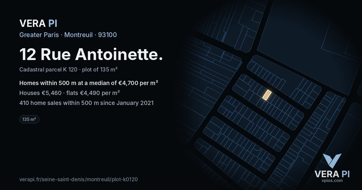 12 Rue Antoinette, Montreuil at night – the plot lit, the parcels around coloured by the prices near them