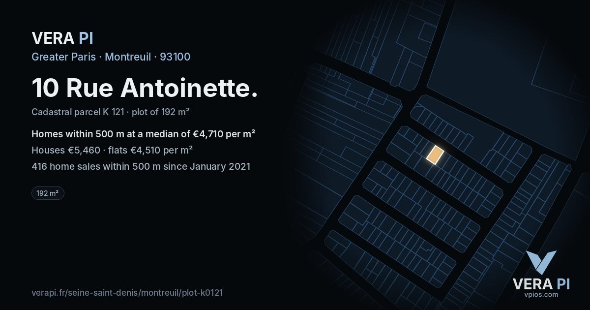 10 Rue Antoinette, Montreuil at night – the plot lit, the parcels around coloured by the prices near them