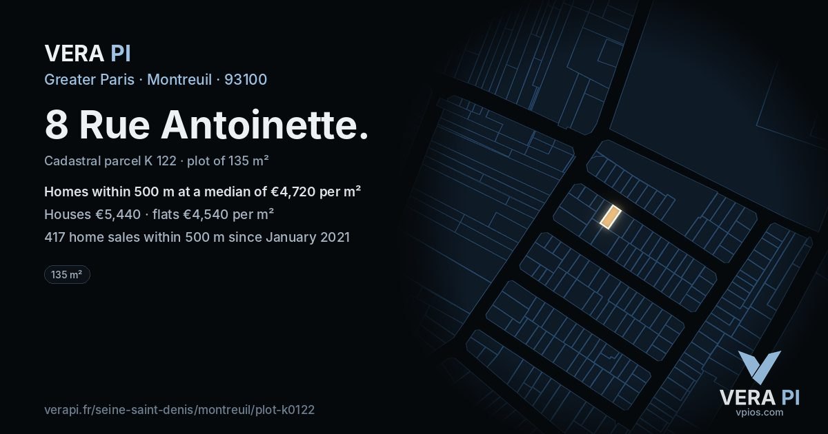 8 Rue Antoinette, Montreuil at night – the plot lit, the parcels around coloured by the prices near them