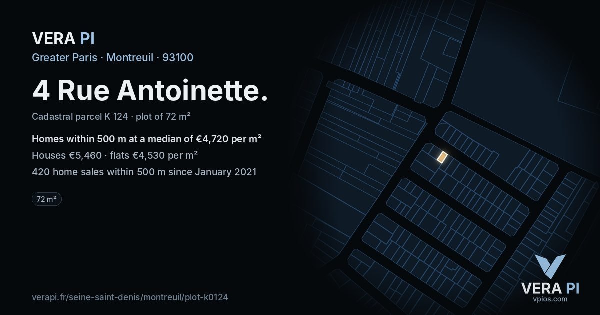 4 Rue Antoinette, Montreuil at night – the plot lit, the parcels around coloured by the prices near them