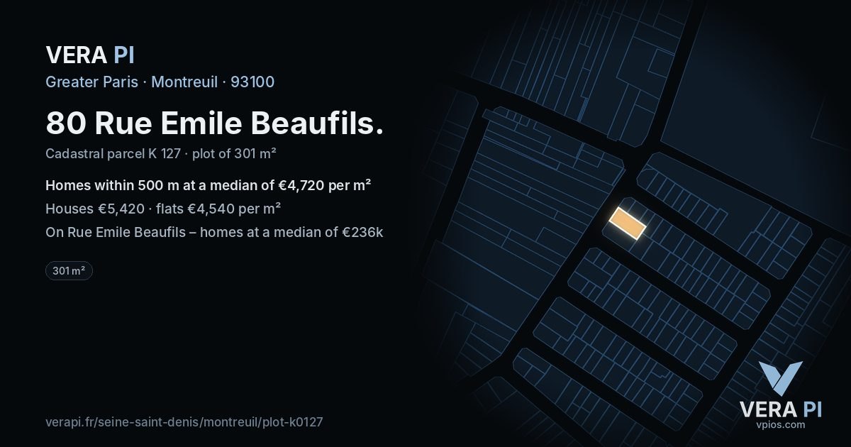 80 Rue Emile Beaufils, Montreuil at night – the plot lit, the parcels around coloured by the prices near them