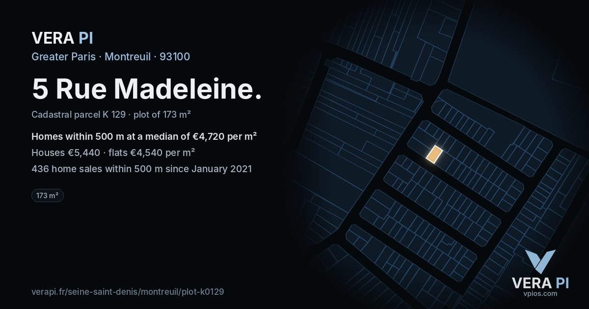 5 Rue Madeleine, Montreuil at night – the plot lit, the parcels around coloured by the prices near them