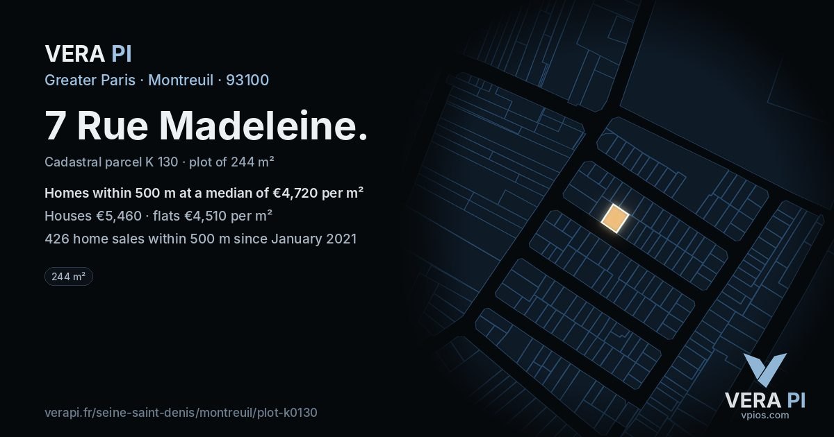 7 Rue Madeleine, Montreuil at night – the plot lit, the parcels around coloured by the prices near them