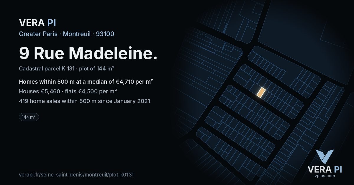 9 Rue Madeleine, Montreuil at night – the plot lit, the parcels around coloured by the prices near them