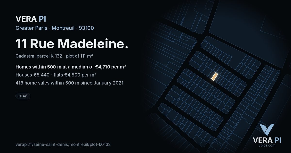 11 Rue Madeleine, Montreuil at night – the plot lit, the parcels around coloured by the prices near them
