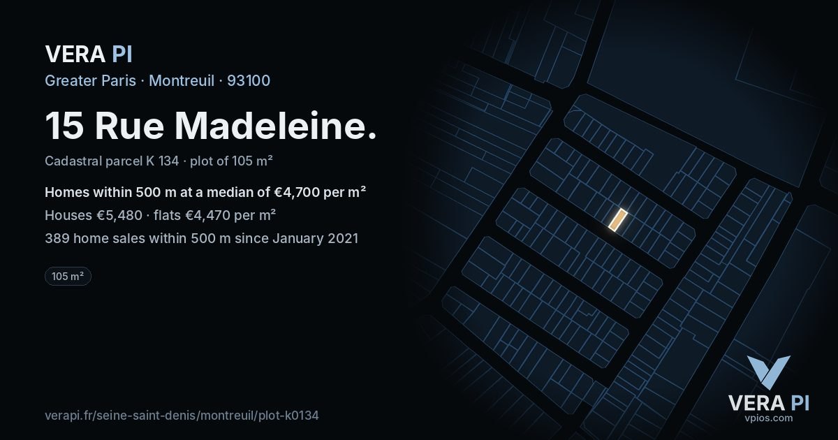 15 Rue Madeleine, Montreuil at night – the plot lit, the parcels around coloured by the prices near them