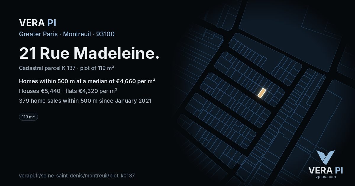 21 Rue Madeleine, Montreuil at night – the plot lit, the parcels around coloured by the prices near them