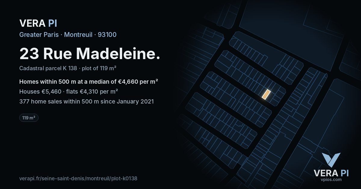 23 Rue Madeleine, Montreuil at night – the plot lit, the parcels around coloured by the prices near them