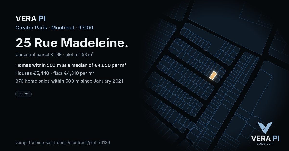 25 Rue Madeleine, Montreuil at night – the plot lit, the parcels around coloured by the prices near them