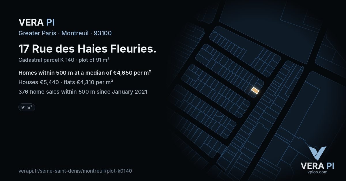 17 Rue des Haies Fleuries, Montreuil at night – the plot lit, the parcels around coloured by the prices near them