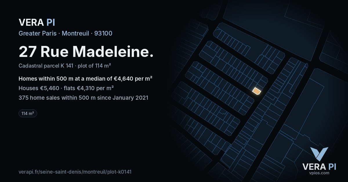 27 Rue Madeleine, Montreuil at night – the plot lit, the parcels around coloured by the prices near them
