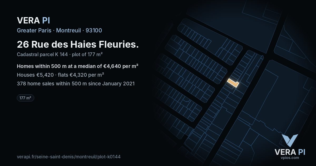 26 Rue des Haies Fleuries, Montreuil at night – the plot lit, the parcels around coloured by the prices near them