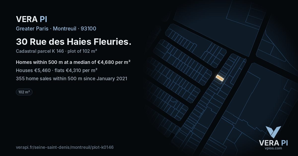 30 Rue des Haies Fleuries, Montreuil at night – the plot lit, the parcels around coloured by the prices near them
