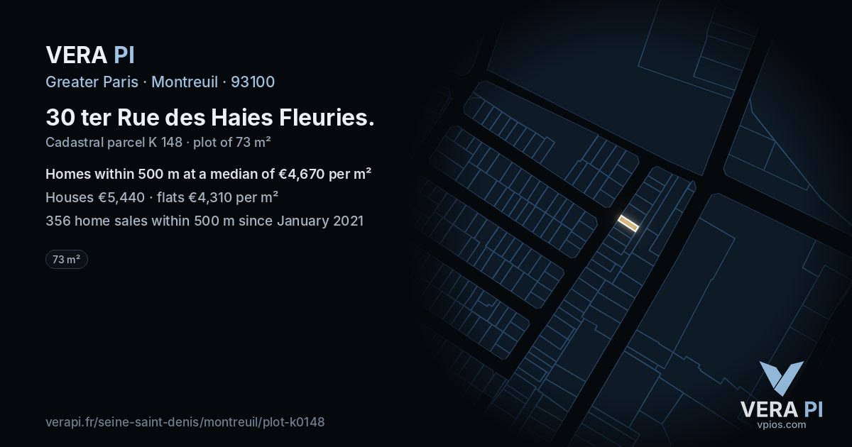 30 ter Rue des Haies Fleuries, Montreuil at night – the plot lit, the parcels around coloured by the prices near them