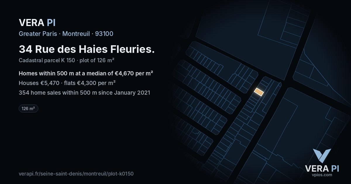 34 Rue des Haies Fleuries, Montreuil at night – the plot lit, the parcels around coloured by the prices near them