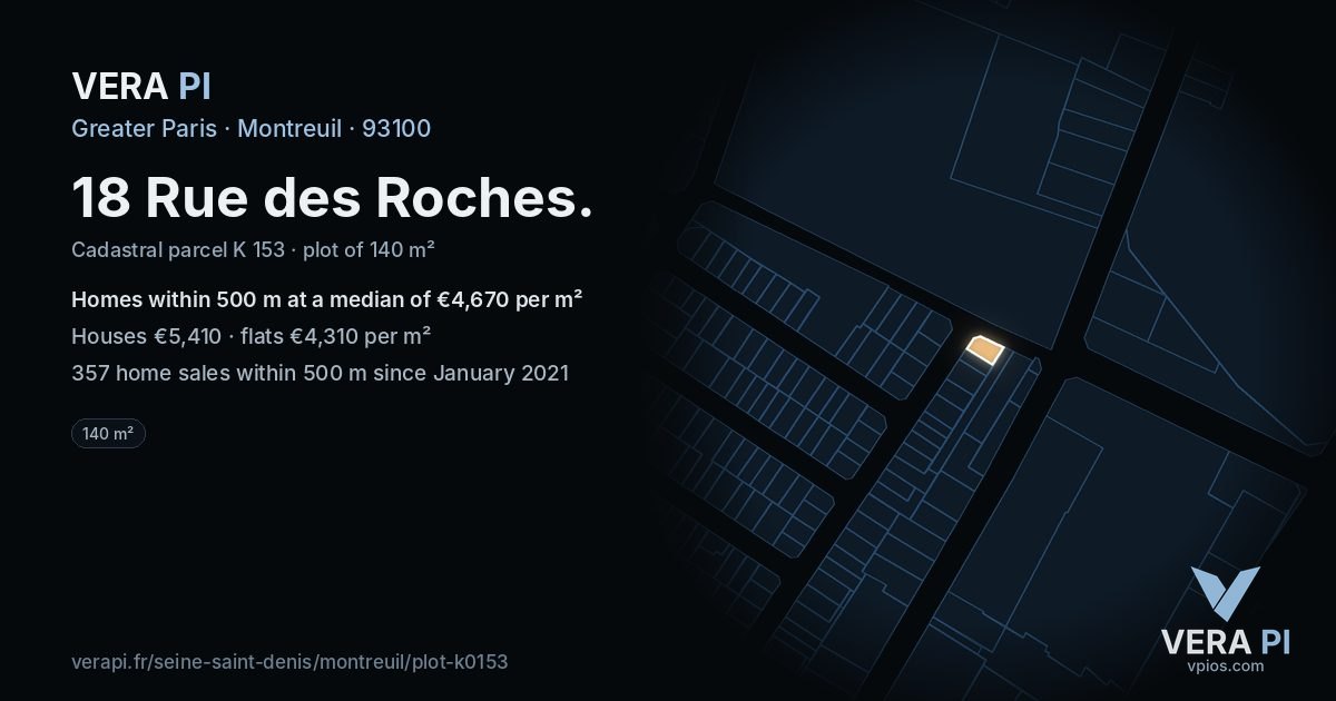 18 Rue des Roches, Montreuil at night – the plot lit, the parcels around coloured by the prices near them