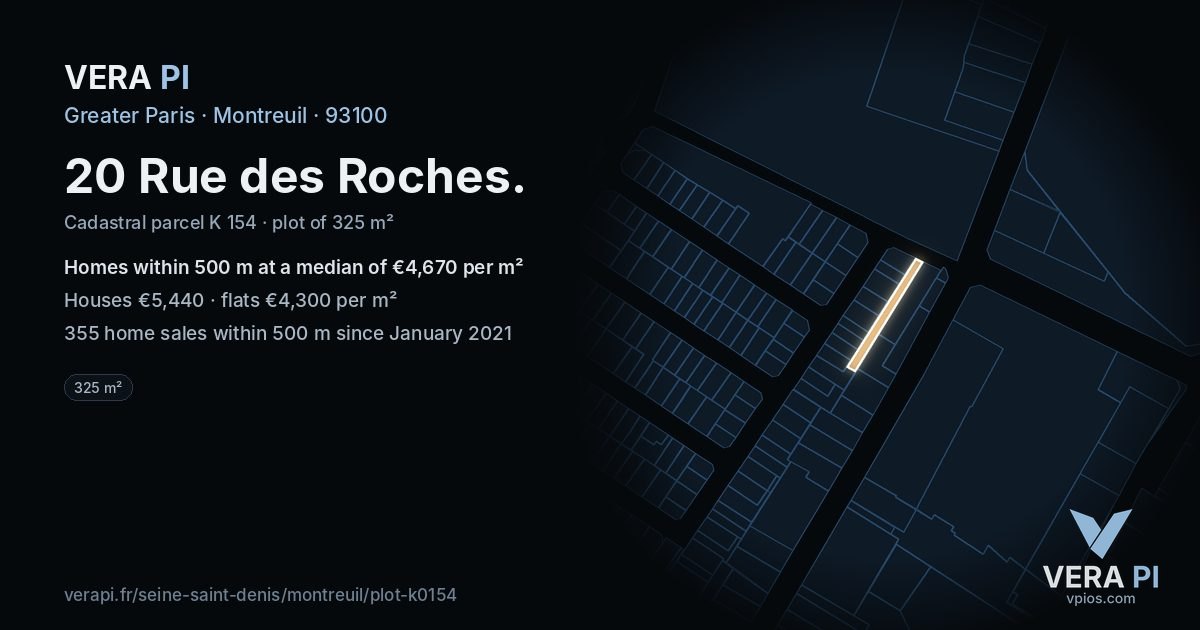20 Rue des Roches, Montreuil at night – the plot lit, the parcels around coloured by the prices near them