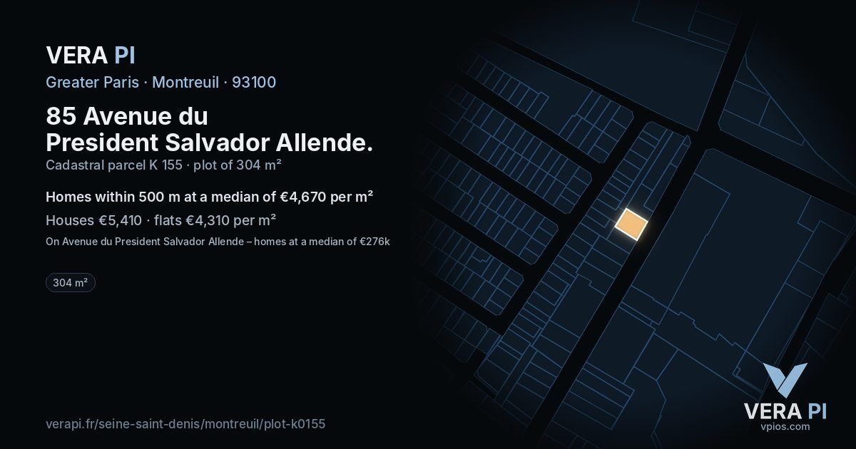 85 Avenue du President Salvador Allende, Montreuil at night – the plot lit, the parcels around coloured by the prices near them