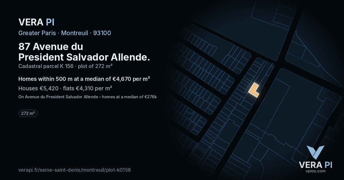 87 Avenue du President Salvador Allende, Montreuil at night – the plot lit, the parcels around coloured by the prices near them