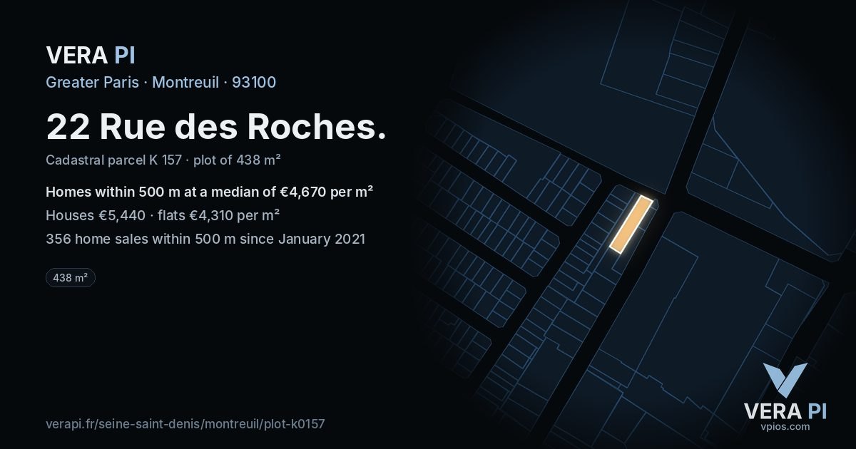 22 Rue des Roches, Montreuil at night – the plot lit, the parcels around coloured by the prices near them