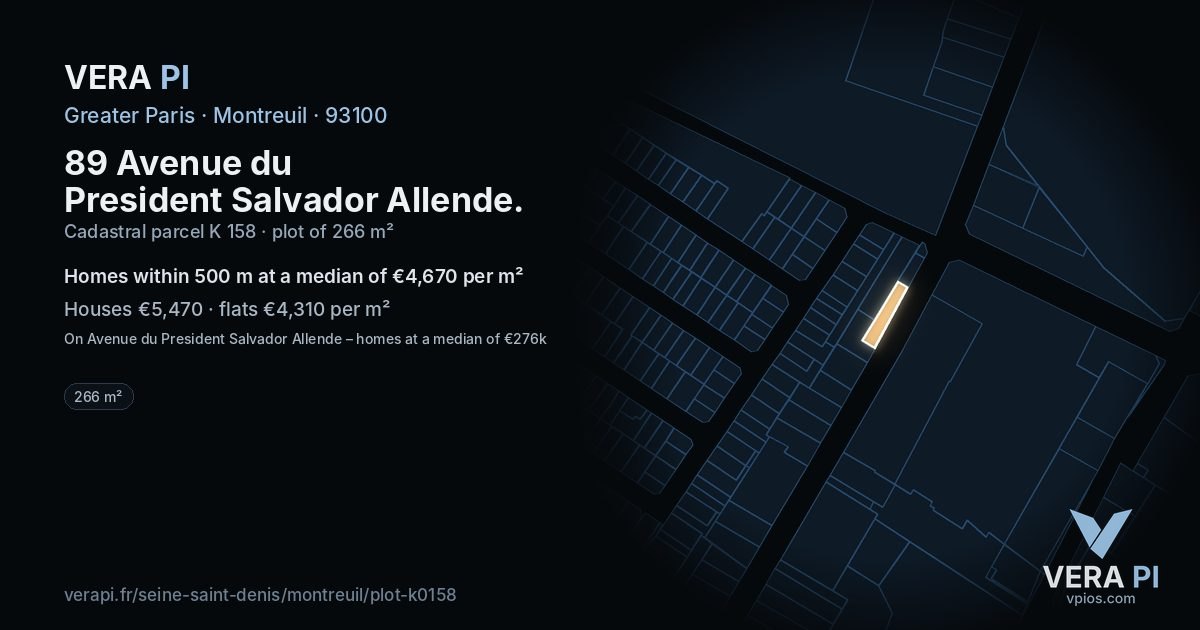 89 Avenue du President Salvador Allende, Montreuil at night – the plot lit, the parcels around coloured by the prices near them