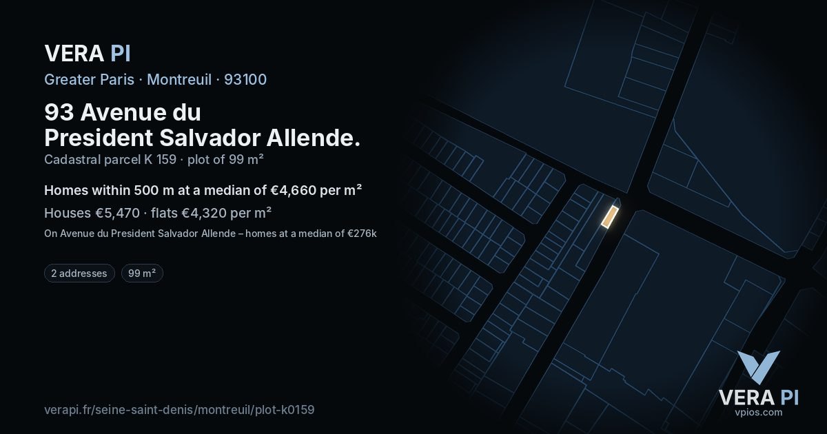 93 Avenue du President Salvador Allende, Montreuil at night – the plot lit, the parcels around coloured by the prices near them