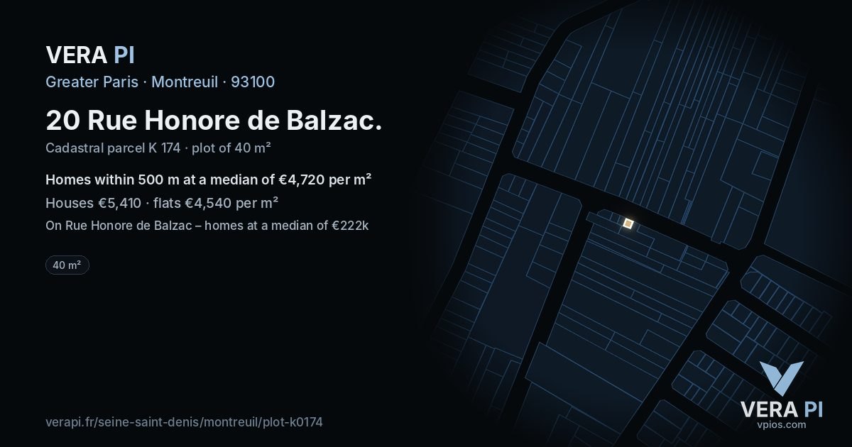 20 Rue Honore de Balzac, Montreuil at night – the plot lit, the parcels around coloured by the prices near them
