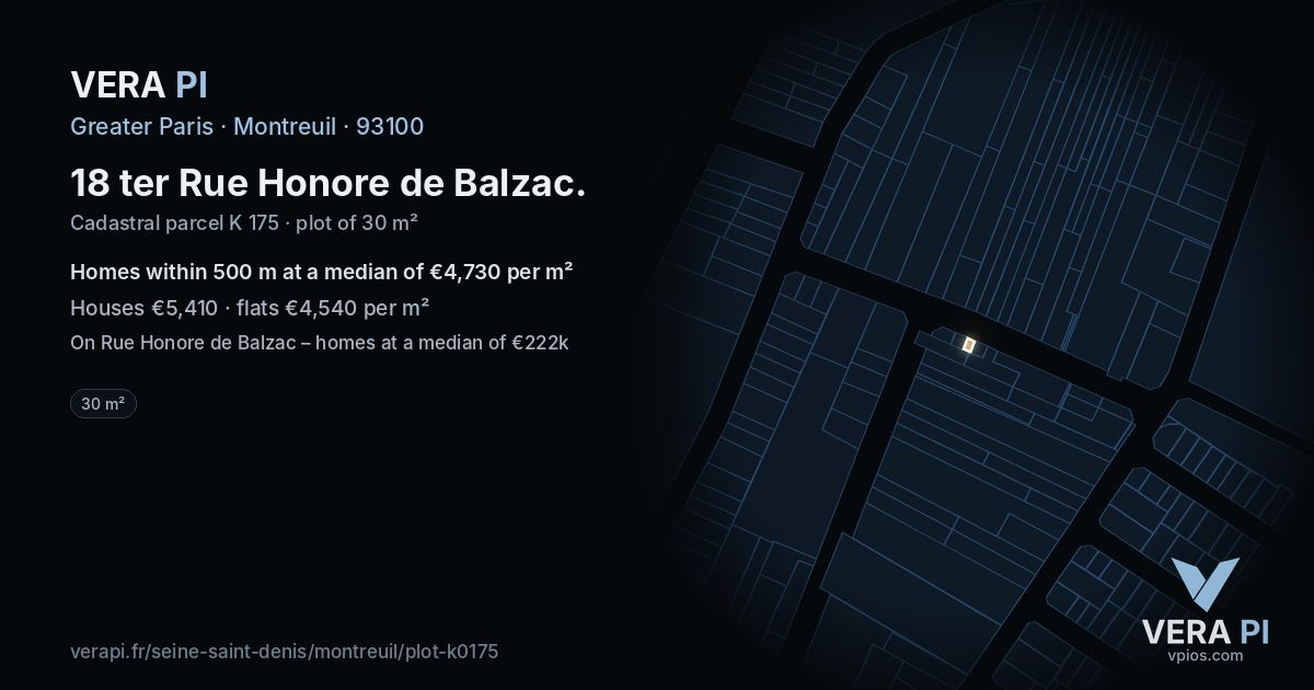 18 ter Rue Honore de Balzac, Montreuil at night – the plot lit, the parcels around coloured by the prices near them