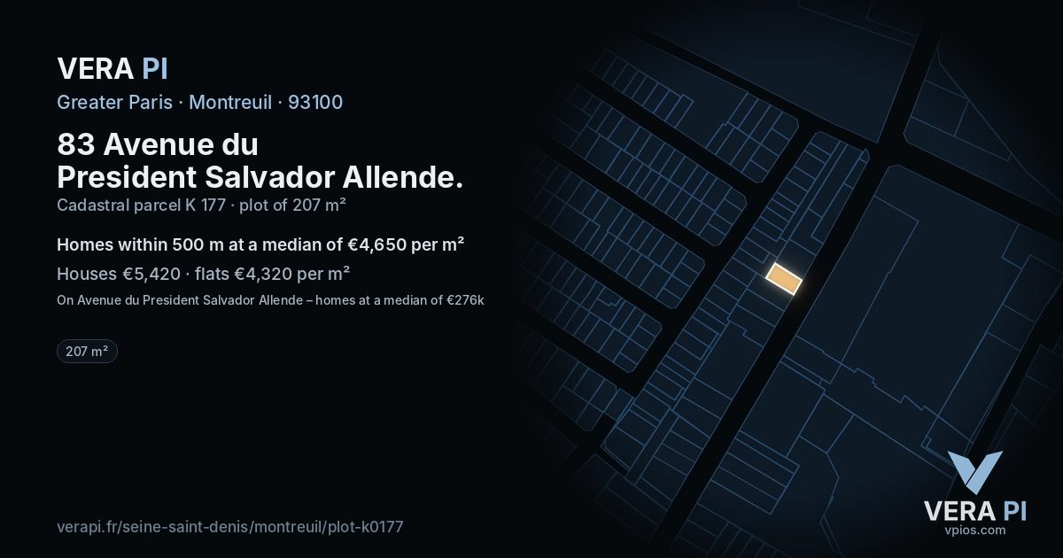 83 Avenue du President Salvador Allende, Montreuil at night – the plot lit, the parcels around coloured by the prices near them