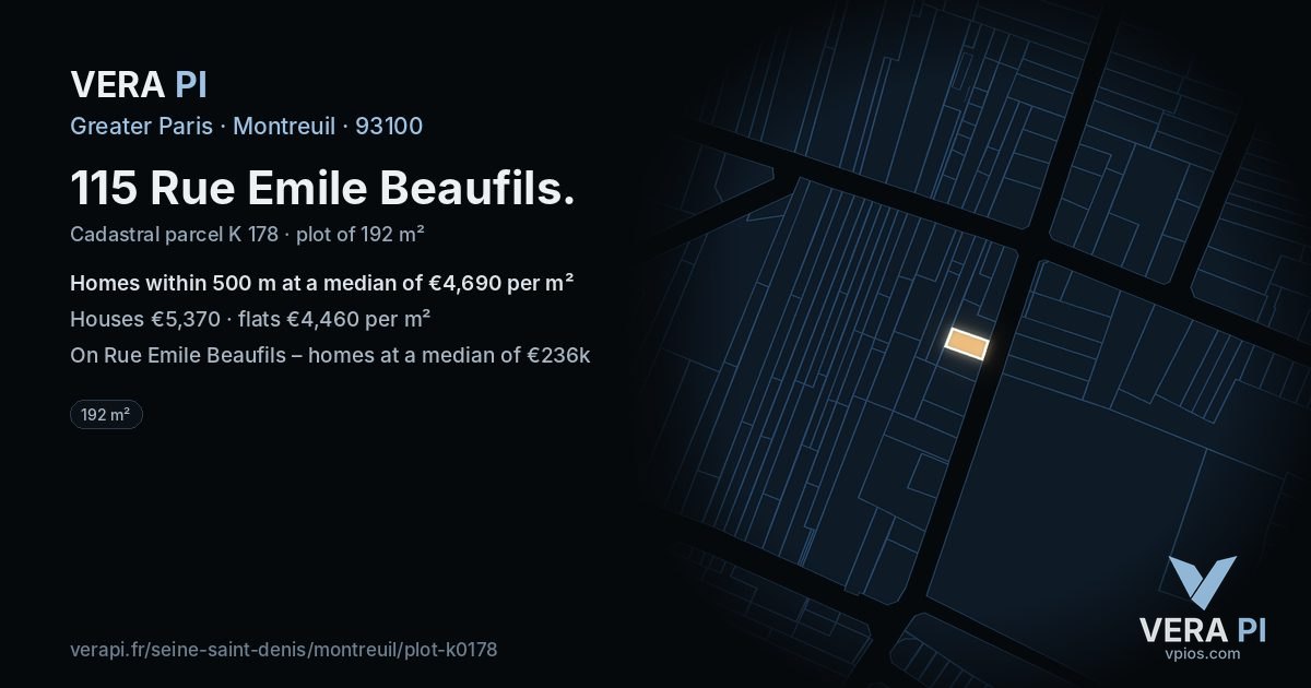 115 Rue Emile Beaufils, Montreuil at night – the plot lit, the parcels around coloured by the prices near them