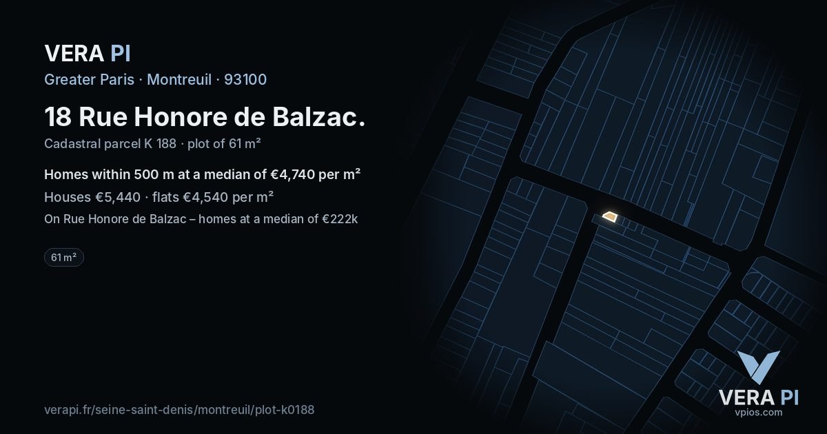 18 Rue Honore de Balzac, Montreuil at night – the plot lit, the parcels around coloured by the prices near them
