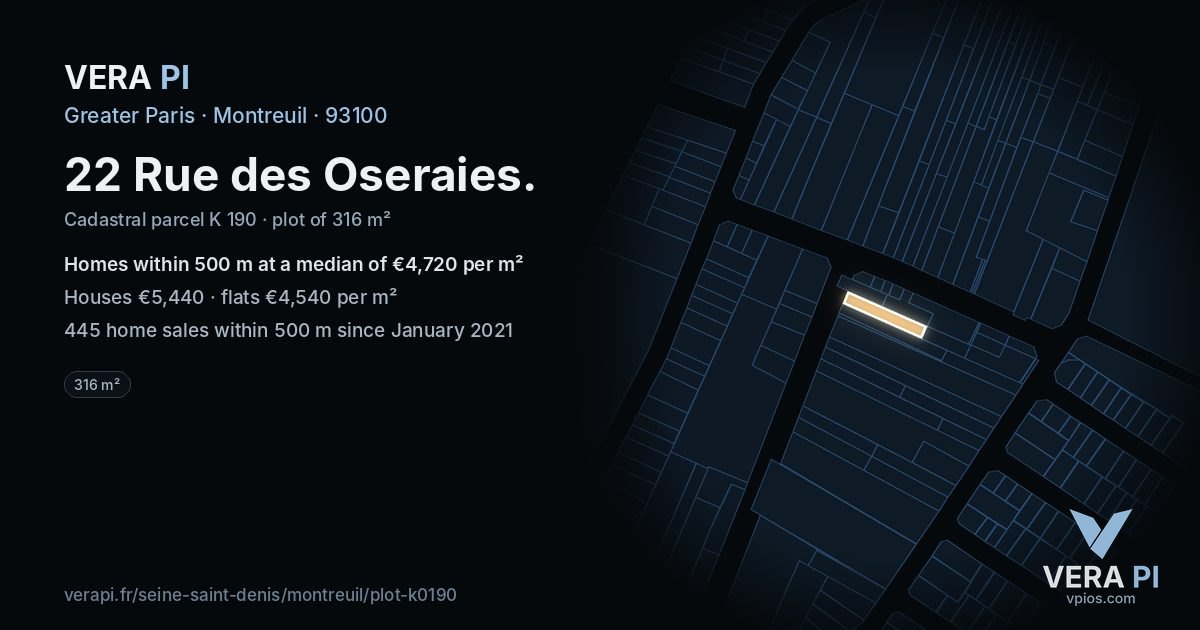 22 Rue des Oseraies, Montreuil at night – the plot lit, the parcels around coloured by the prices near them