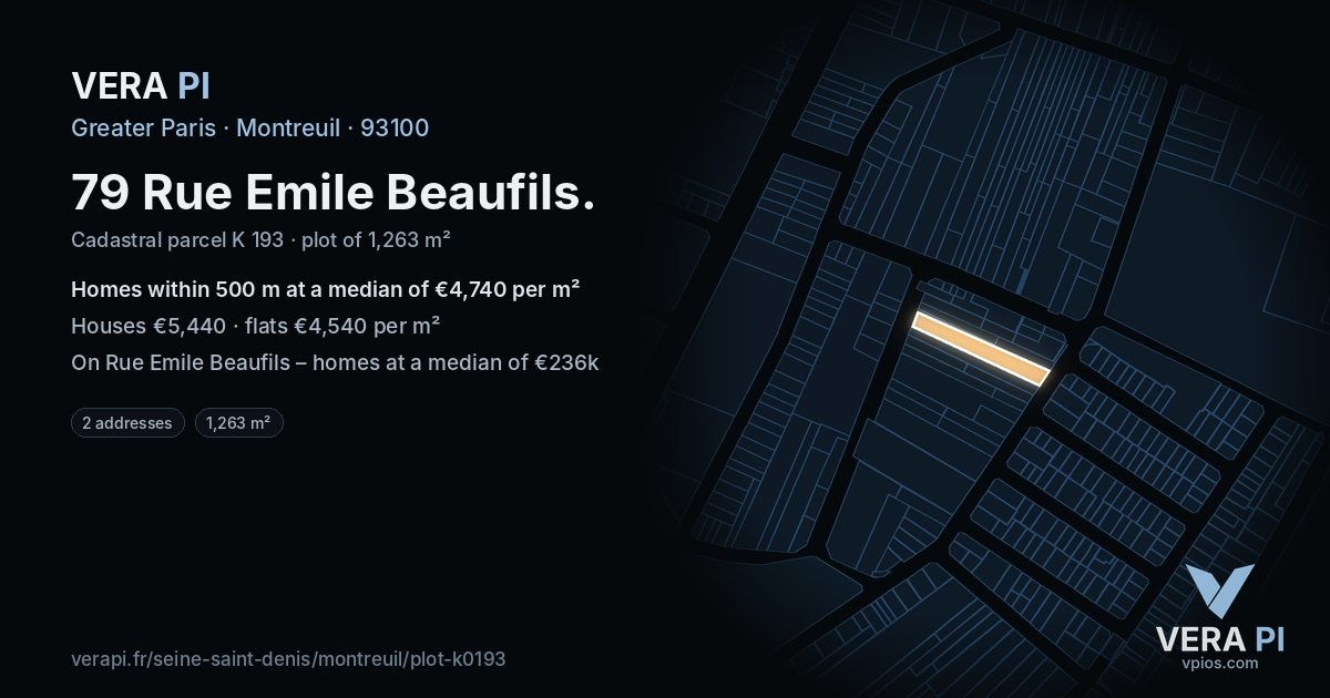 79 Rue Emile Beaufils, Montreuil at night – the plot lit, the parcels around coloured by the prices near them