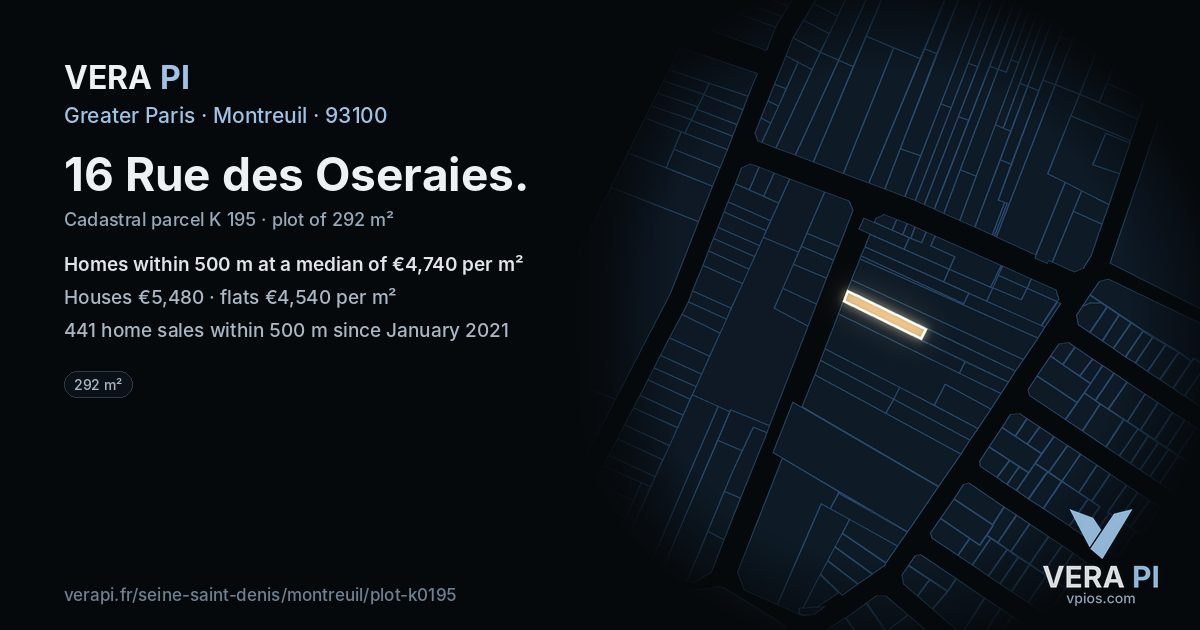 16 Rue des Oseraies, Montreuil at night – the plot lit, the parcels around coloured by the prices near them