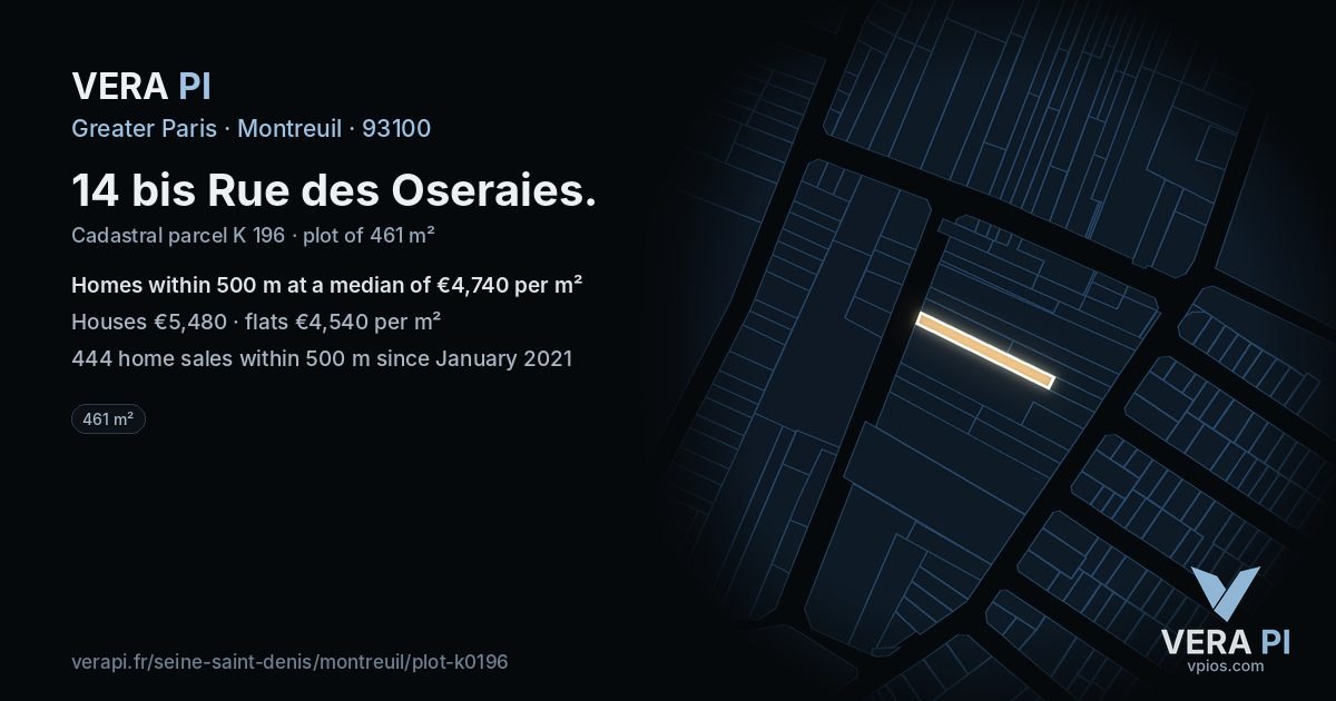 14 bis Rue des Oseraies, Montreuil at night – the plot lit, the parcels around coloured by the prices near them