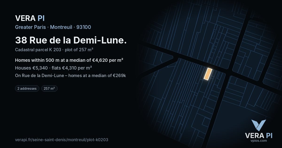 38 Rue de la Demi-Lune, Montreuil at night – the plot lit, the parcels around coloured by the prices near them