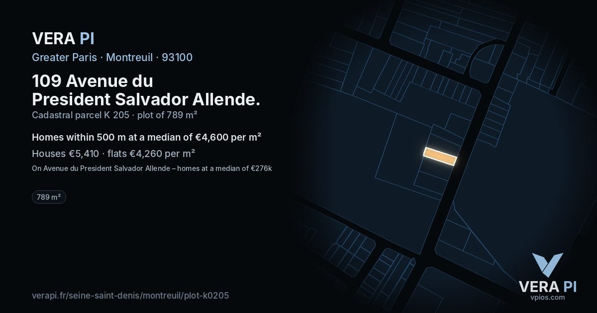 109 Avenue du President Salvador Allende, Montreuil at night – the plot lit, the parcels around coloured by the prices near them