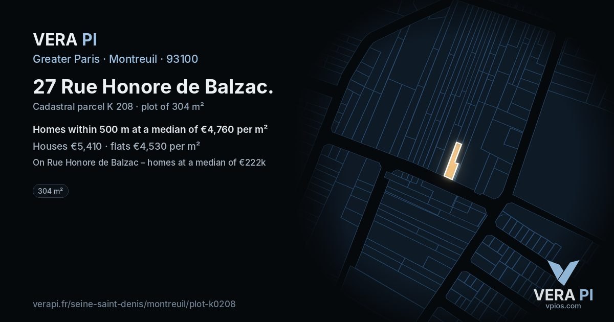 27 Rue Honore de Balzac, Montreuil at night – the plot lit, the parcels around coloured by the prices near them