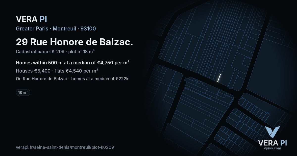 29 Rue Honore de Balzac, Montreuil at night – the plot lit, the parcels around coloured by the prices near them