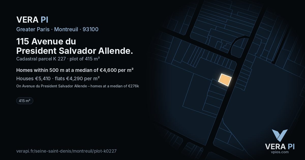 115 Avenue du President Salvador Allende, Montreuil at night – the plot lit, the parcels around coloured by the prices near them