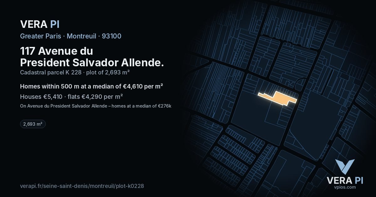 117 Avenue du President Salvador Allende, Montreuil at night – the plot lit, the parcels around coloured by the prices near them