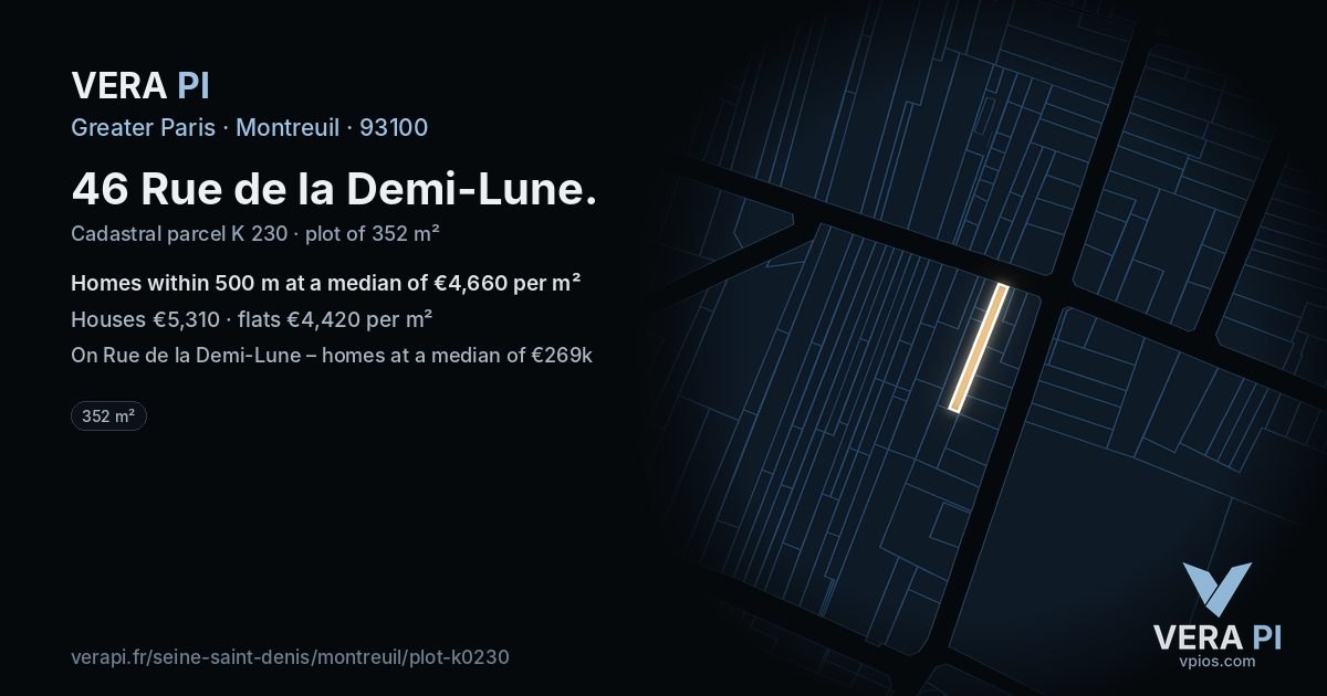 46 Rue de la Demi-Lune, Montreuil at night – the plot lit, the parcels around coloured by the prices near them