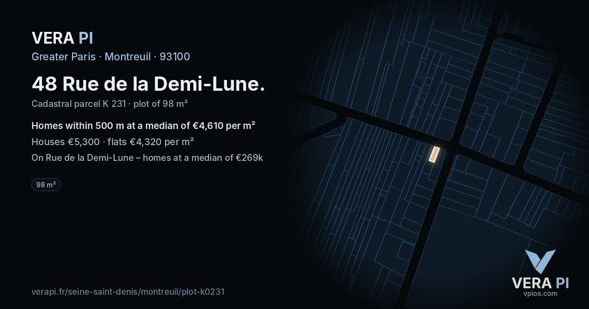 48 Rue de la Demi-Lune, Montreuil at night – the plot lit, the parcels around coloured by the prices near them