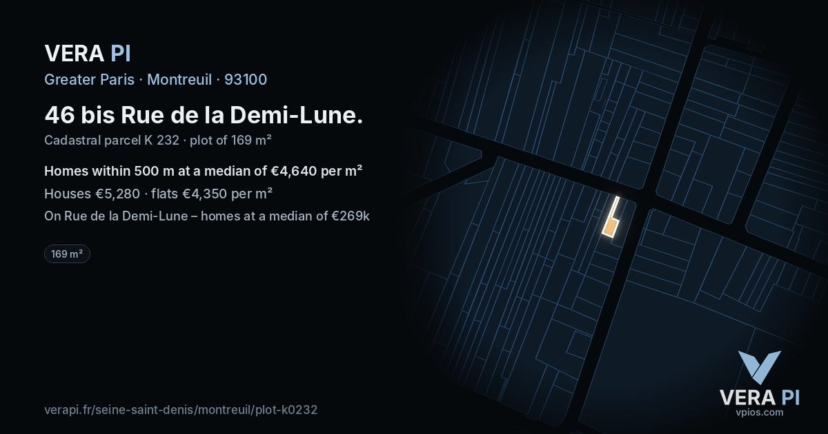 46 bis Rue de la Demi-Lune, Montreuil at night – the plot lit, the parcels around coloured by the prices near them